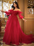 A Line Red Tulle Long Sleeves Off the Shoulder Pleats Prom Dress LBQ4060